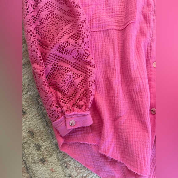 Crochet Sleeve Gauze Button Down Shirts Easter Day oversized smal boho western - Picture 4 of 8